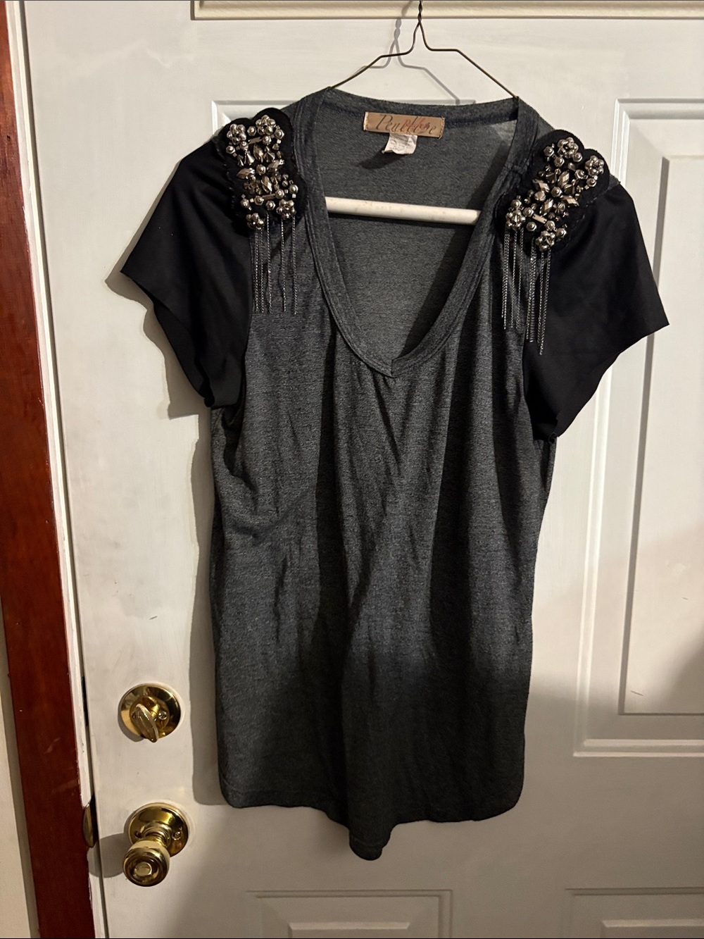 Penelope Charcoal Gray Tee with Black Beaded Fringe Shoulders